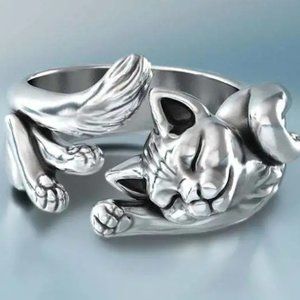 a great FINGER HUGGER cat ring, so CUTE, in silver metal, sz 6  ,,,,, R51